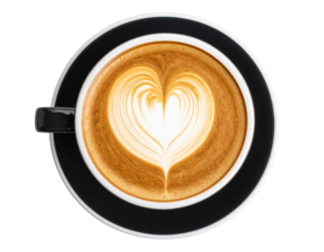 A cup of coffee with latte art in the shape of a heart, top view angle isolated on a transparent background