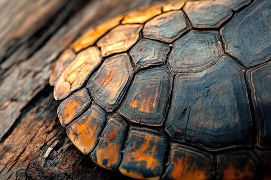 Close-up of a turtle's shell, showcasing intricate texture and warm, earthy tones.