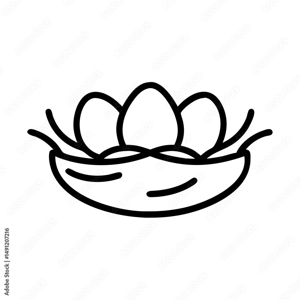 Poster a simple graphic showing a bird's home with three oval shaped objects inside, line drawing style art
