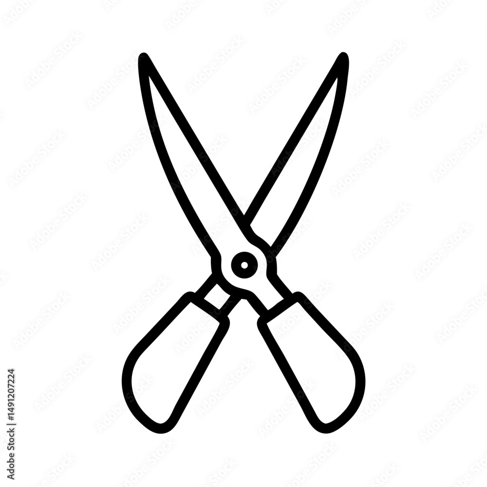 Poster close up view of open pruning shears with black outline on a white plain background design style