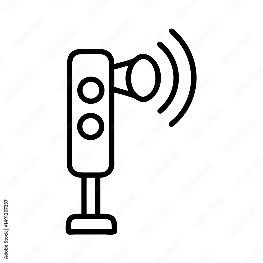 Poster outline drawing of a speaker with two circles on a stand emitting sound waves to the right side view