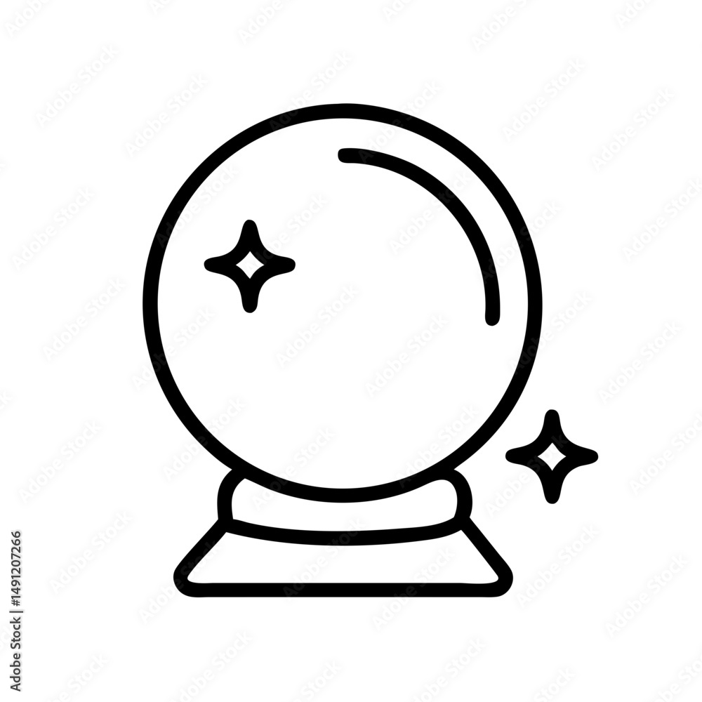 Poster a simple drawing of a fortune telling sphere with sparkles and a stand in black and white style