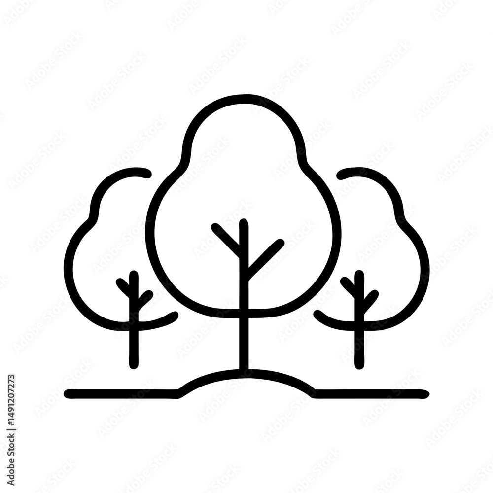 Poster outline drawing showing three trees with rounded tops on a small mound in a simple black and white d