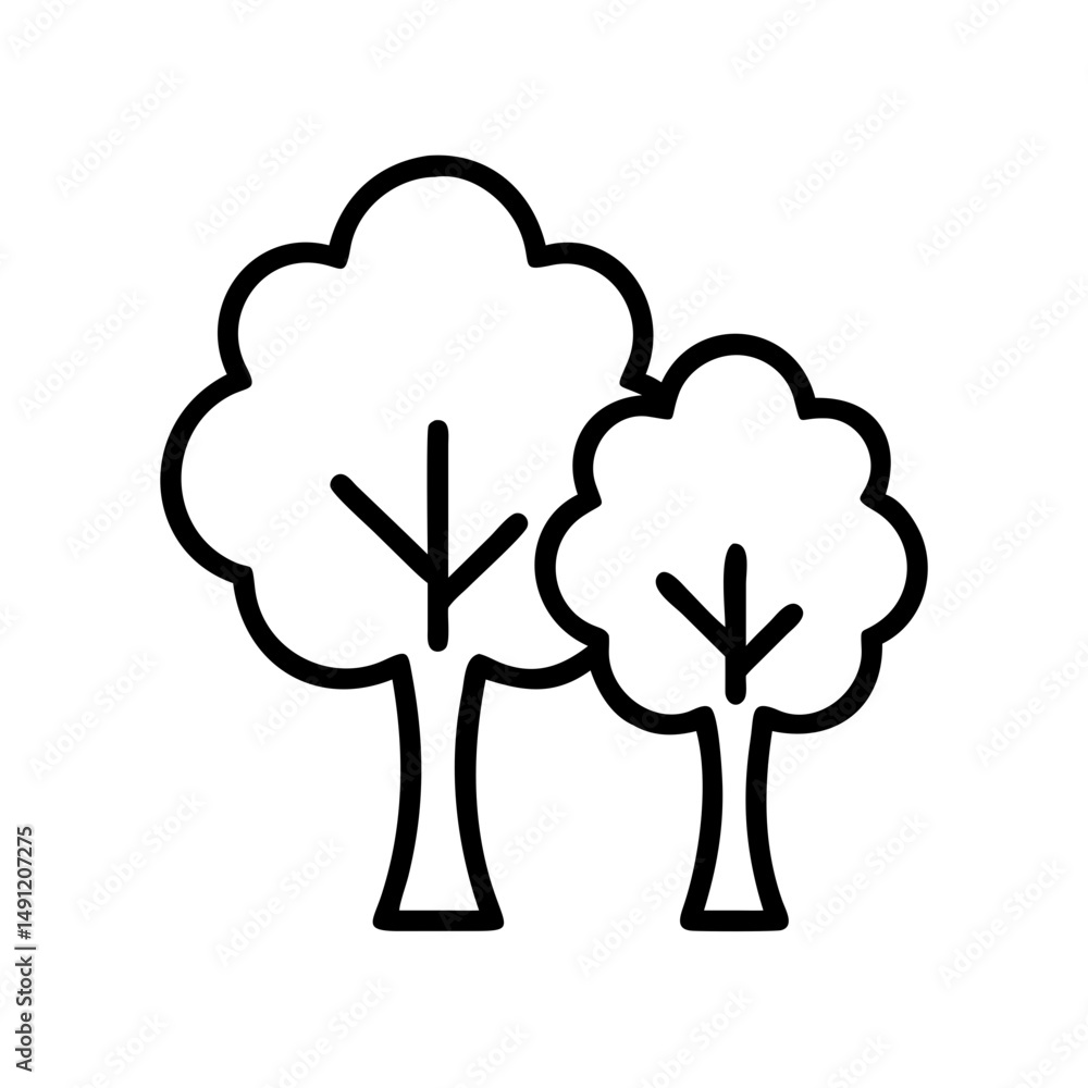 Poster two simple trees with rounded tops and thick trunks depicted in a minimalist line drawing style desi