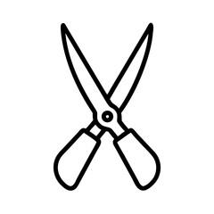 Close up view of open pruning shears with black outline on a white plain background design style