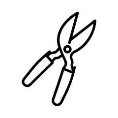 A close up of metal shears with black outline and white fill on a plain background shown diagonally