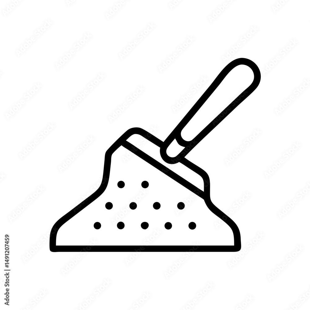 Poster outline drawing of a scoop digging into a pile of something with small holes, simple design style