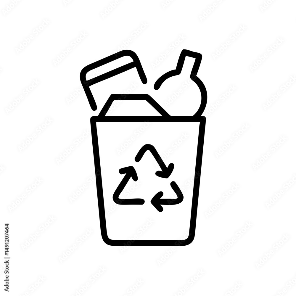 Poster outline drawing of a trash can filled with discarded items and a symbol for repurposing materials