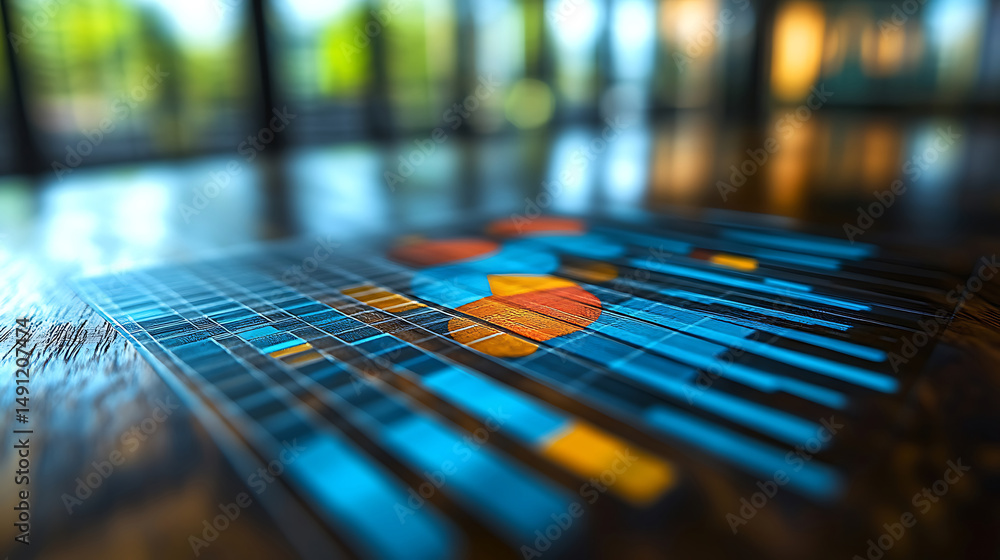 Poster business chart data visualization on reflective surface with abstract blurred background for finance