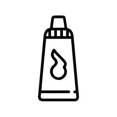 Depicts a cosmetic tube with a flame symbol, outlined in black against a white backdrop image style