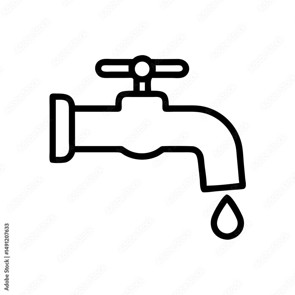 Poster outline graphic showing a faucet with a single drop of liquid falling from the spout design is simpl