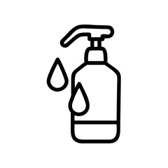 Outline of a pump bottle with two drops of liquid coming out, isolated on a white background scene