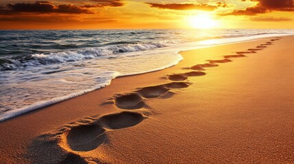 Tranquil Beach Sunset with Footprints in Sand and Gentle Waves