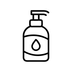 Outline drawing of a dispenser bottle with a drop symbol on the label for liquid product use