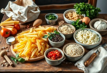 A wooden table with a rustic background, surrounded by various pasta-making ingredients, including flour, eggs, and various seasonings.