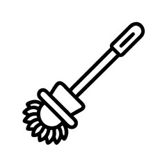A black and white graphic shows a toilet cleaning tool with a long handle and bristled head design element
