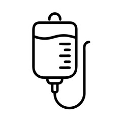 Outline drawing of a medical iv drip bag with fluid level indicator and attached tubing system shown here