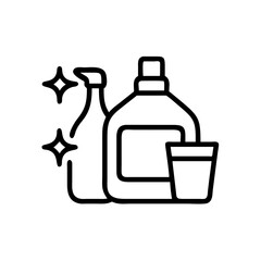 Outline drawing of cleaning supplies with two bottles, a cup, and sparkle effects around it