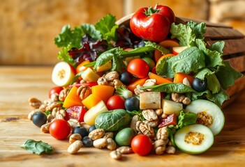 Colorful salad ingredients in a wooden bowl