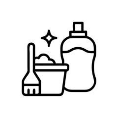 Outline drawing of a bucket with foam, a bottle, a brush, and a sparkle, all in black and white style
