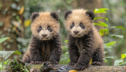 Two adorable baby pandas in the wild
