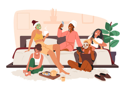 Young women gathering together on pajama party sharing gossips enjoying cosmetics procedure scene