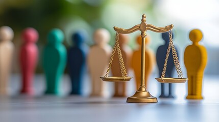 The concept of equal justice is embodied in pro bono services, where the scales of justice are balanced by diverse figures, representing fair legal representation and equal rights for all, with