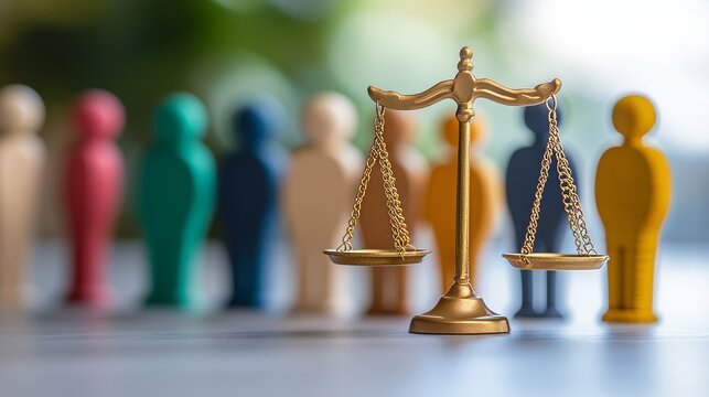 The concept of equal justice is embodied in pro bono services, where the scales of justice are balanced by diverse figures, representing fair legal representation and equal rights for all, with