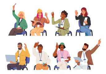 Fototapeta na wymiar Diverse people cartoon characters raising hands to ask questions on business training isolated set