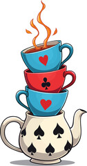 Alice in wonderland tea party illustration teapot teacups stacked whimsical drawing vector graphic design
