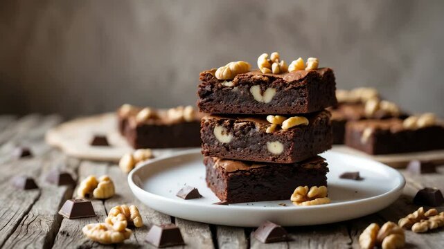 Brownie cakes topped with walnuts arranged on a wooden table.