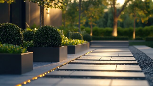 Modern Garden Path at Sunset: Illuminated Stone Walkway and Lush Greenery