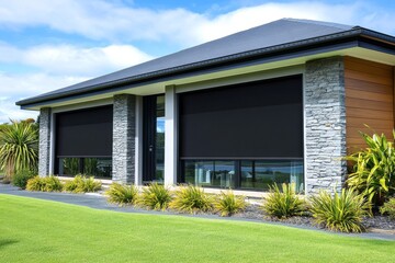 Fototapeta premium A stone exterior and dark grey security shutters on large windows are the defining features of this modern home's sleek and stylish architecture