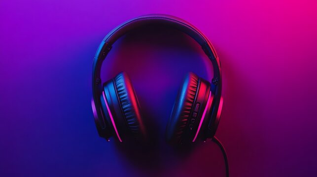 A gaming headset rests on a vibrant neon purple background.