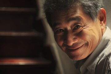 Vibrant East Asian Man Smiling Stairs Scene  
