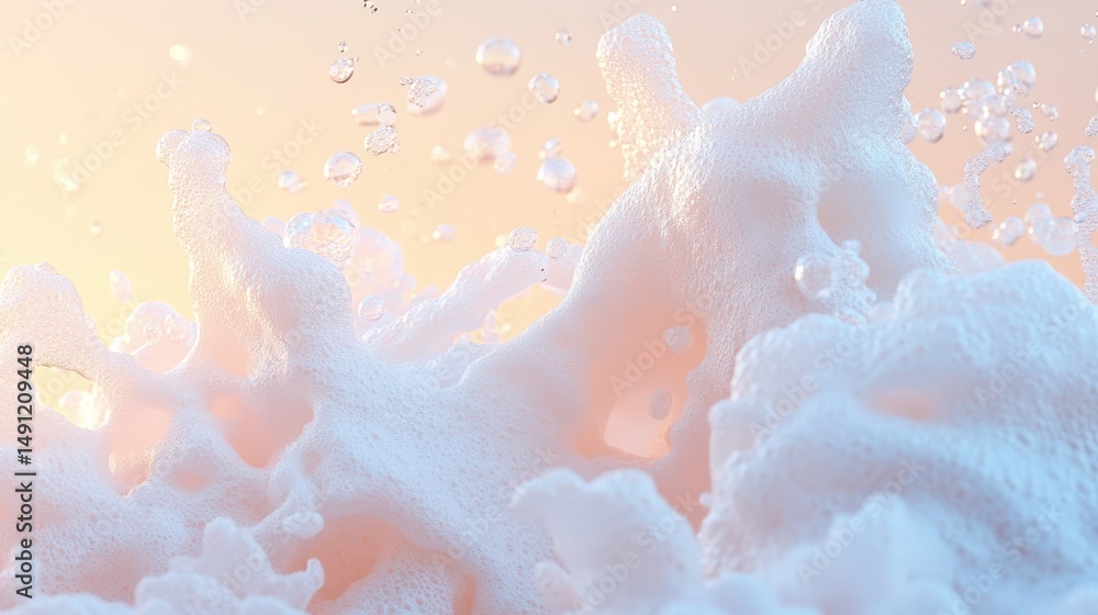Poster white foam structure. close view of soap bubbles rising. cleansing bath product texture. soft light 
