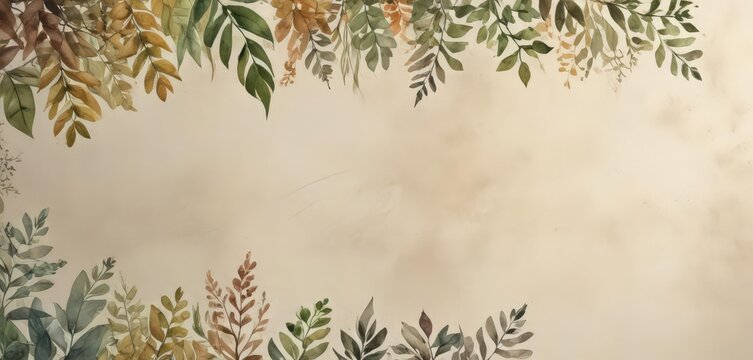 Rustic watercolor foliage border on bifold program , cream, frame, minimalist