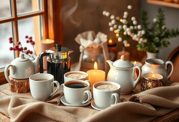 Warm beverage setup with coffee, cocoa, and tea