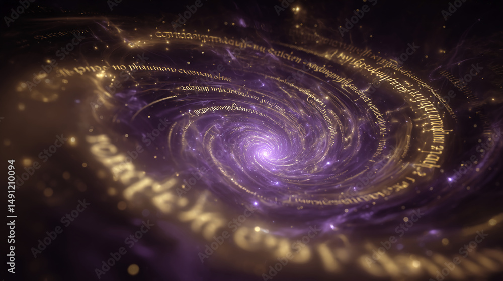 Poster swirling purple and gold nebula with glowing text, creating a mystical and cosmic effect, symbolizin