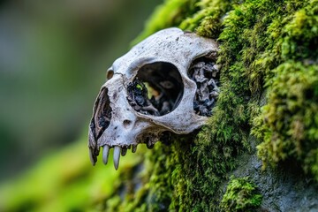 A weathered animal skull, nestled amongst vibrant green moss, evokes a sense of age and the cycle of life and death in nature.
