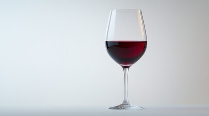 A single glass of deep red wine sits on a dark surface, illuminated with soft light.