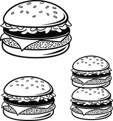 Three burger illustrations in black and white with sesame seed buns and visible layers of fillings