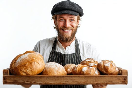 Male baker holding tray of bread and smiling proudly, white background