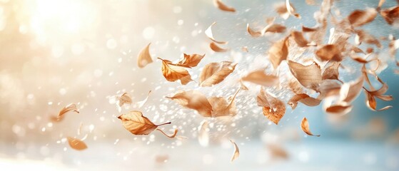 Autumn leaves swirl in a gentle breeze with light particles. Golden foliage floats against a bright, blurred background. Falling natural elements create a dreamy atmosphere.