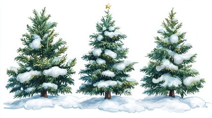 Obraz premium In the Winter Wonderland Treescape, a snowy landscape serves as the backdrop for three stylized green trees, creating a simple and charming winter atmosphere