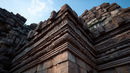 An ancient temple with intricate stone carvings stands majestically against a clear blue sky, showcasing the endu beauty of historical architecture.