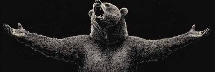 A fierce grizzly bear illustration represents power, aggression, wilderness, danger, and untamed nature in black and white