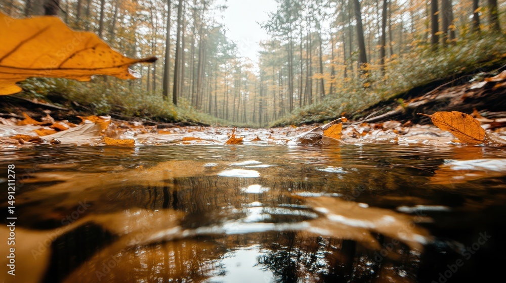 Poster autumn leaves float on water surface. trees reflected in the clear stream in the forest. ground leve