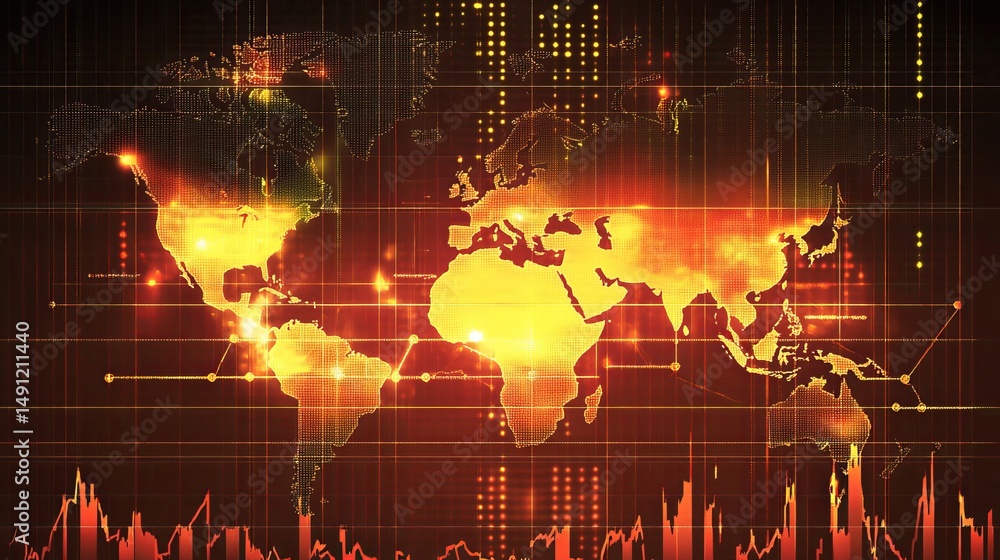 Poster global network digital map orange yellow technology background red data dark grid dots world trade