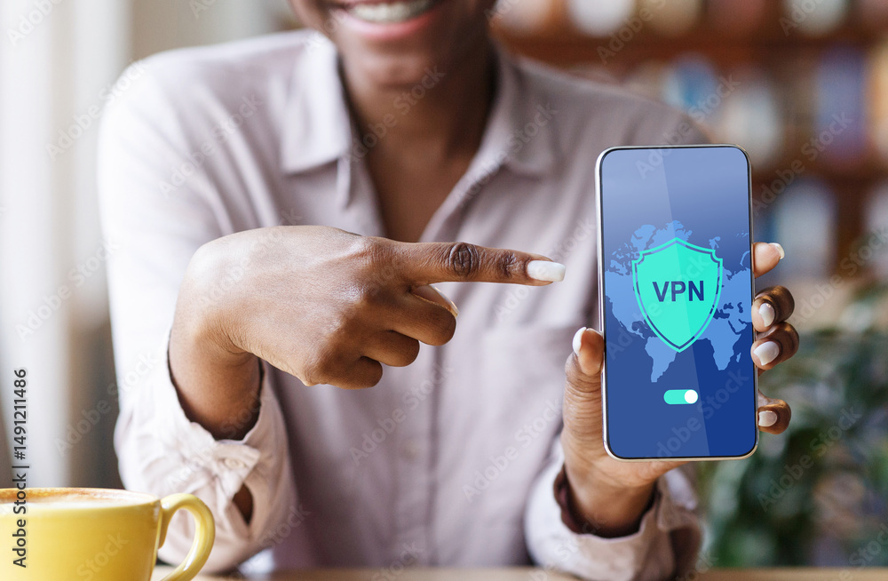 Poster VPN App. Black Woman Pointing At Smartphone With Opened Virtual Private Network Application On Screen, African American Lady Enjoying Modern Technologies For Syber Security, Creative Collage, Closeup